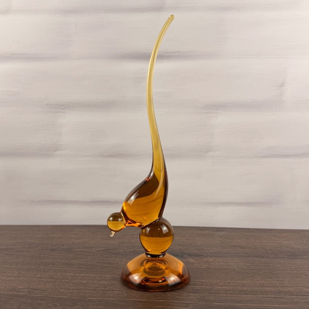Viking Glass Epic Long Tailed Bird Amber Art Glass Figurine MCM 9.5"